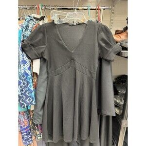 boohoo NIGHT Black Solid V-Neck Puff Sleeve Skater Short Dress Bow Zip 8